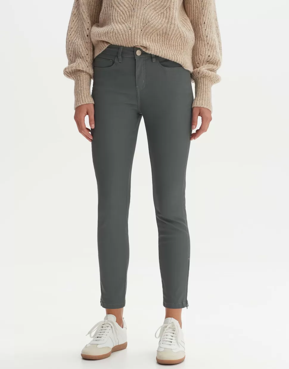 OPUS Fashion Broeken | Coated Jeans Emily Zip Dark Sage